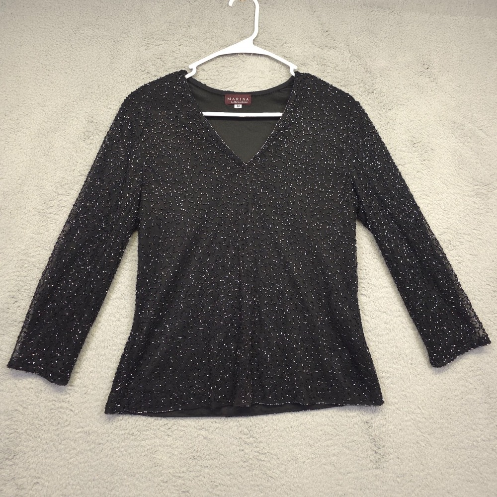Marina Bresler Beaded Top‎ Womens M Black Party Statement Top Shirt Vintage Glam